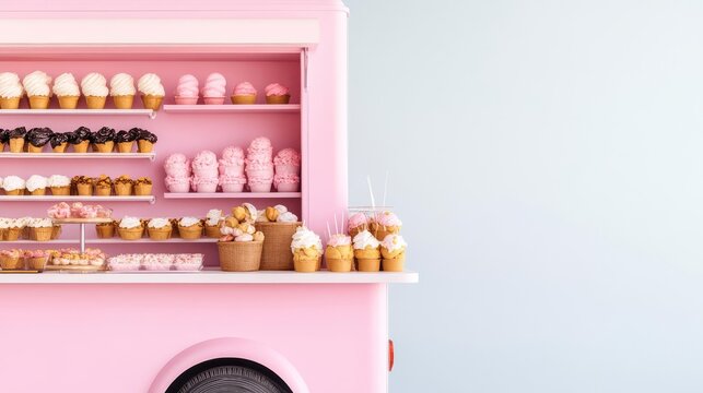 Bakery truck with an old-school ice cream parlor feel, pastel colors, serving nostalgic sweet treats - Powered by Adobe
