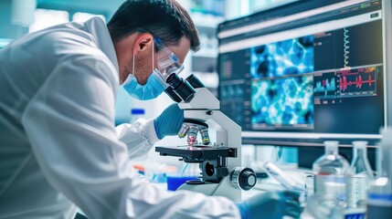 Scientist analyzing samples under microscope in modern laboratory, focusing on research and technology advancements.