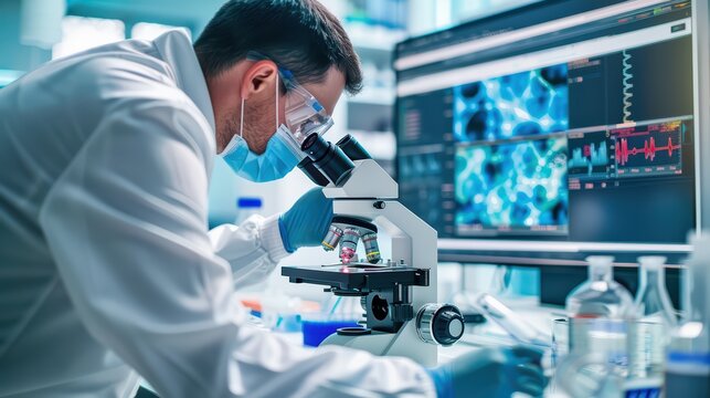 Scientist analyzing samples under microscope in modern laboratory, focusing on research and technology advancements.