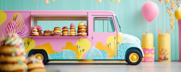 Bakery truck with bold and vibrant designs, serving whimsical pastries in a lively market setting