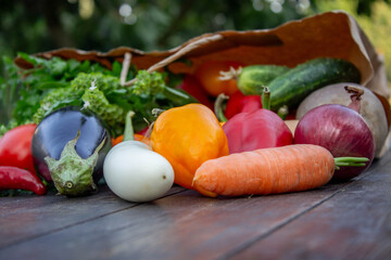 fresh vegetables on a wooden background in a paper bag. Selective focus