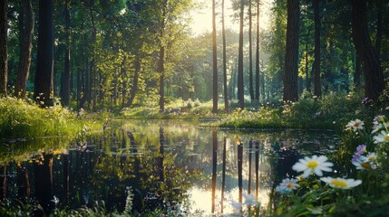 Sunlit Forest Pond with Blooming Flowers and Reflections