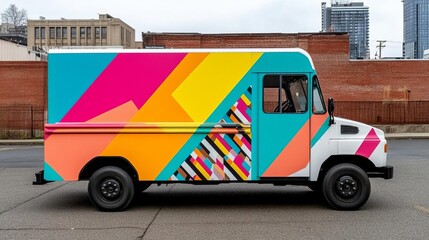 Bakery truck with bright geometric patterns, modern art vibe, parked in a creative urban area