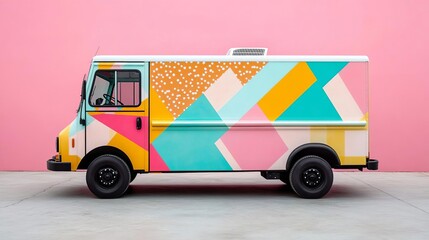 Bakery truck with bright geometric patterns, modern art vibe, parked in a creative urban area