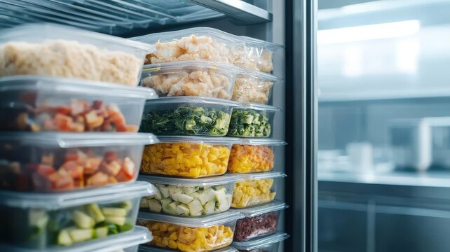 Frozen bag of prepared meals neatly stacked in a freezer, Meal prep storage, Quick dinner solutions