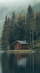 Fototapeta premium A solitary cabin nestled amidst a misty forest, its reflection shimmering on the tranquil lake, whispering tales of solitude and wilderness.