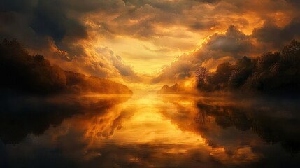 Dramatic Golden Sunset Clouds Reflecting in a Calm Lake