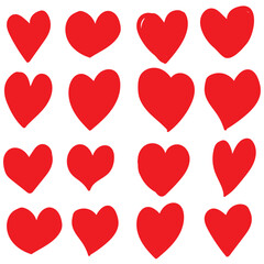 Collection of red heart symbol, Hand-drawn hearts. Vector icon on a white background.
