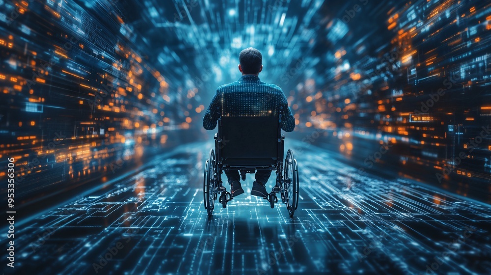 Poster person with mobility impairment using ai-assisted wheelchair to move independently through a smart c