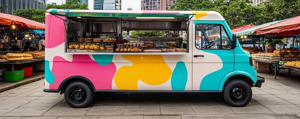 Naklejka premium Bakery truck with colorful and artistic designs, playful and fun, set in a lively city market