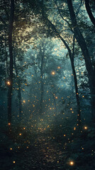 Enchanted Dusk: A Pathway Through a Forest Lit by the Ethereal Glow of Fireflies