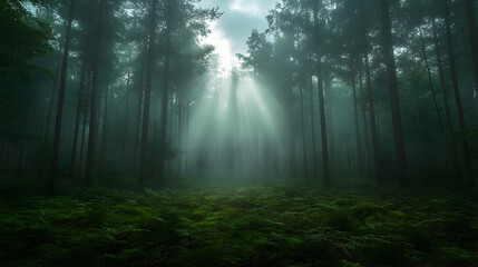Obraz premium Sunbeams pierce through the misty forest canopy, illuminating the forest floor with a magical glow.