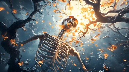 Skeleton in a Tree with Golden Leaves.