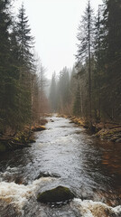 A Serene River Flows Through a Misty Forest, a Tranquil Escape into Nature's Embrace.
