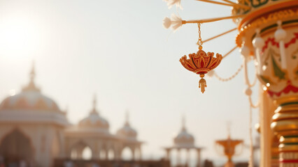Ornate Decoration Hanging in Front of Blurred Temple Structures