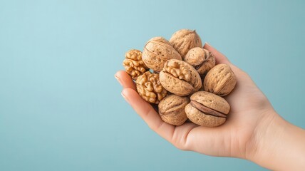 Hand holding a bunch of fresh walnuts, natural brain food, rich in omega-3 fatty acids