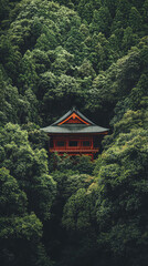 A Serene Japanese Temple Nestled Amidst Lush Greenery, Its Tranquil Presence Concealed by the Abundant Foliage.