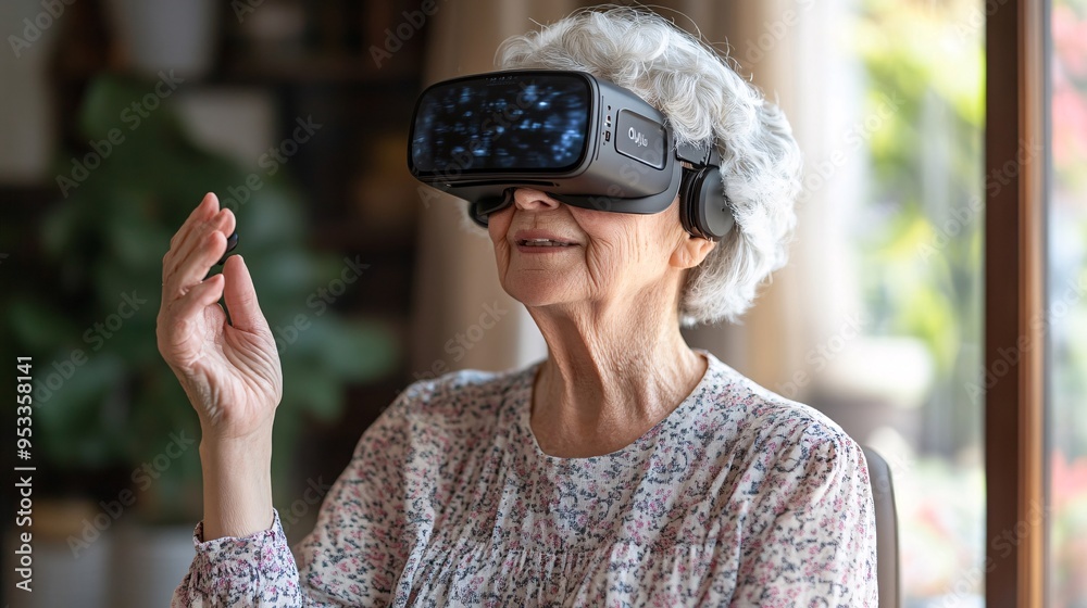 Poster individual with hearing loss using ai-based captioning glasses to watch television at home stock pho