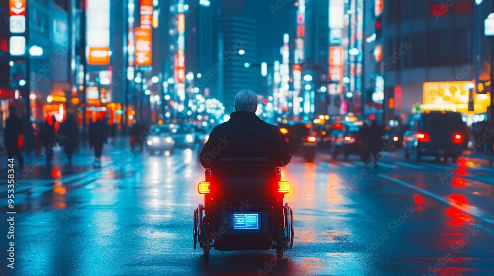 Poster person with mobility issues using an ai-guided wheelchair to travel through a busy city street navig