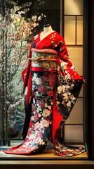 A vibrant red and black kimono, adorned with delicate floral patterns, is displayed in a storefront window, evoking a sense of elegance and tradition.