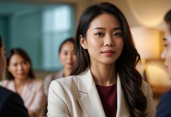 Obraz premium A confident female executive leading a business meeting in a modern office, focusing on leadership and strategy.