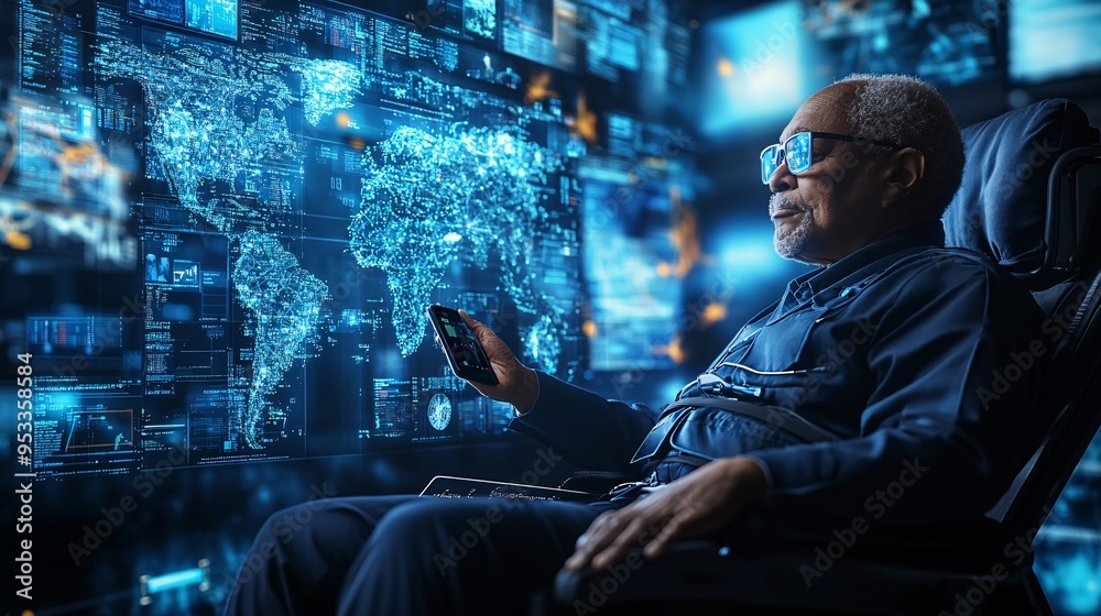Poster Disabled person using AI-driven virtual assistant to plan daily activities and set reminders at home Stock Photo with copy space