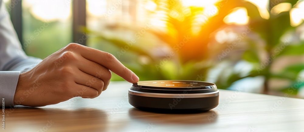 Poster Disabled person using AI-driven virtual assistant to plan daily activities and set reminders at home Stock Photo with copy space