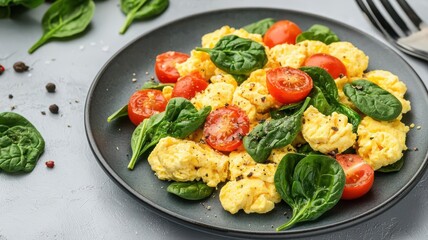 Plate of scrambled eggs with spinach and tomatoes, brain-boosting meal, nutritious and easy
