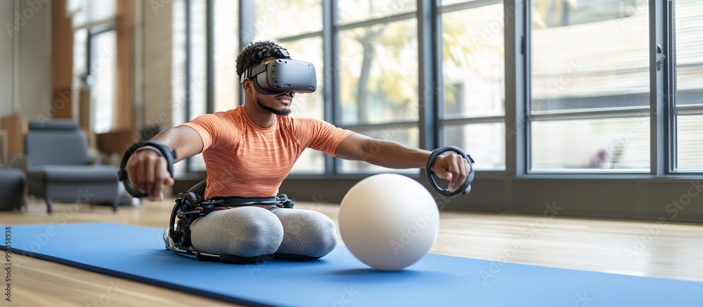 Poster Person with disability using AI-enhanced virtual reality for physical therapy exercises at home Stock Photo with copy space