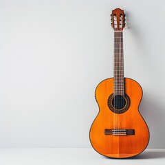 Classic Acoustic Guitar on Minimalist White Background Representing Music and Creativity