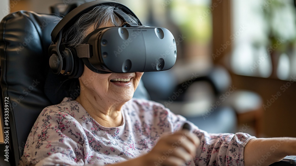 Poster Person with disability using AI-enhanced virtual reality for physical therapy exercises at home Stock Photo with copy space