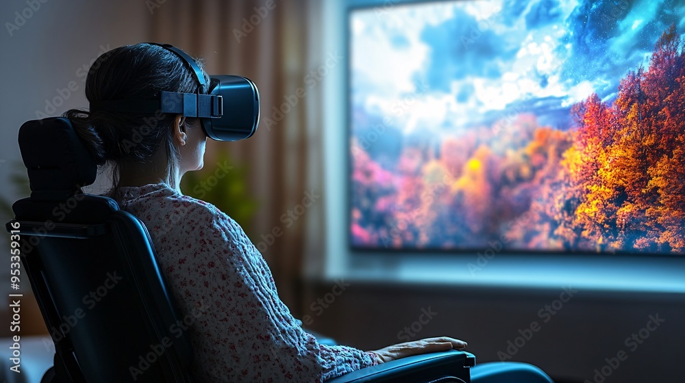 Poster Person with disability using AI-enhanced virtual reality for physical therapy exercises at home Stock Photo with copy space