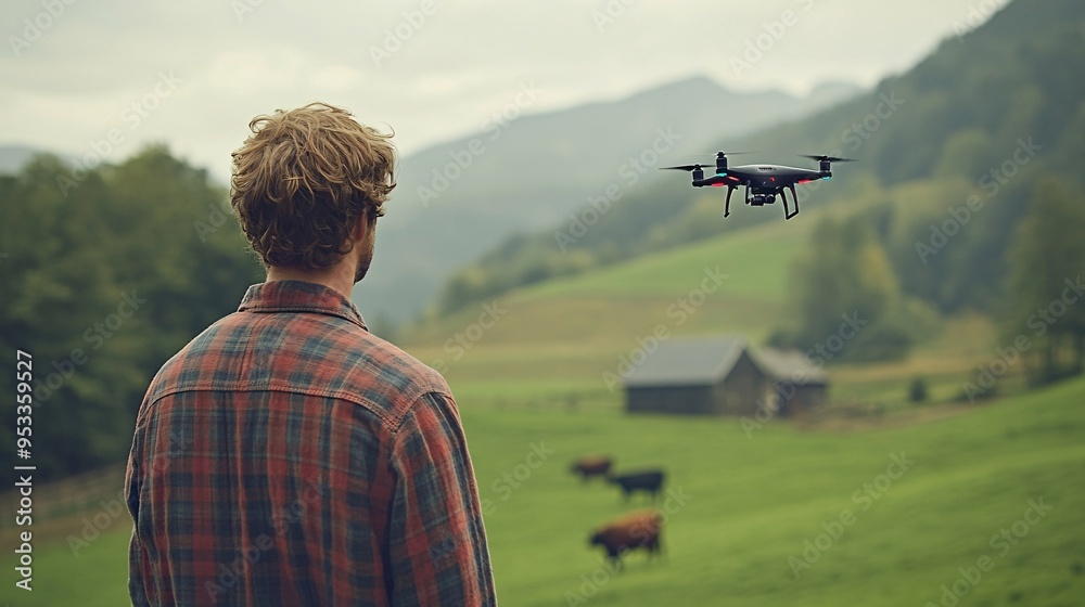 Poster young farmer using ai-powered drone to monitor livestock health and behavior in a large field surrou