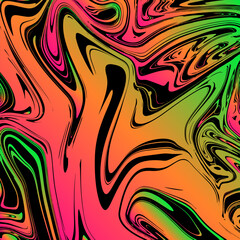 Vibrant Liquid Marbling psychedelic effect neon gradient green pink orange color, isolated on black background. Stylish abstract suminagashi style texture.