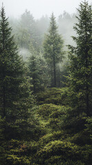 A Tranquil Morning: Sunlight Pierces Through the Misty Forest, Illuminating the Lush Green Canopy.