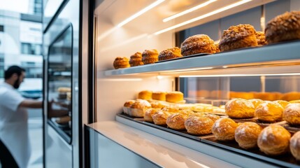 Bakery truck with sleek, modern design, minimalist and chic, set in a trendy downtown area