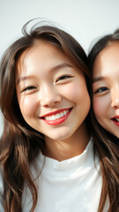 Close up portrait of two young women smiling