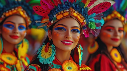 Vibrant and colorful portrait of three women in traditional Mexican attire, showcasing the rich cultural heritage of the Yucatan region. Each woman is wearing an elaborate headdress with bright colors