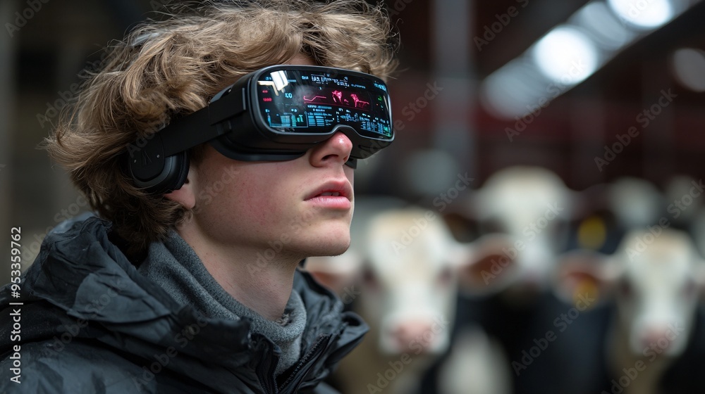 Poster young farmer wearing smart glasses that display real-time data on the health and productivity of liv