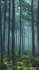 Obraz premium A Tranquil Path Through the Misty Pine Forest: Where Nature's Silence Speaks Volumes.