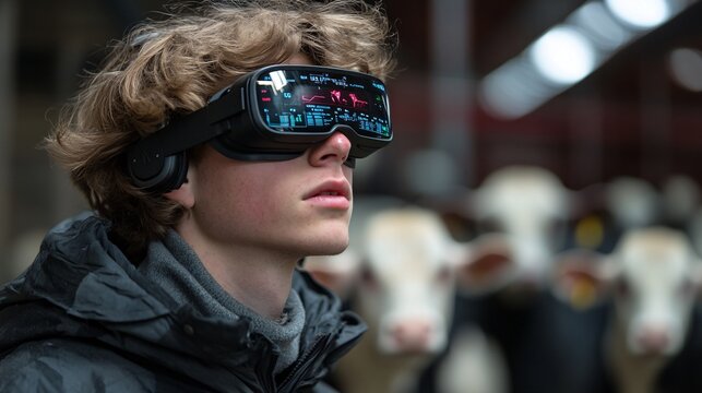 Young farmer wearing smart glasses that display real-time data on the health and productivity of livestock as they walk through the farm Stock Photo with copy space