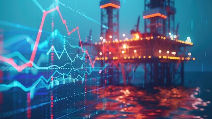 Glowing oil pump jack with digital graphs of oil prices on a dark background. oil industry and financial analysis