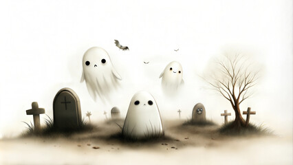 Cute cartoon ghosts floating in a spooky graveyard with tombstones and a barren tree