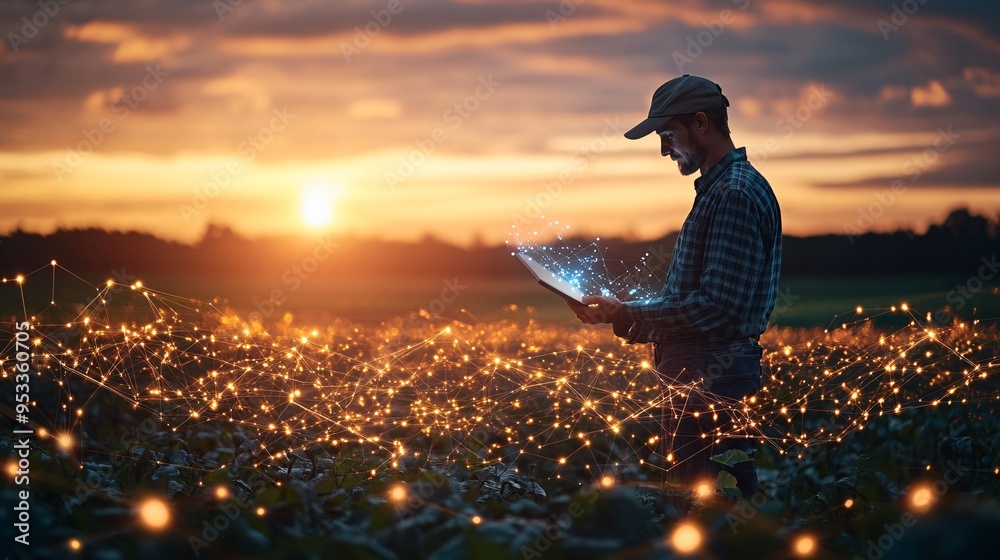 Poster Young farmer using AI to optimize feeding schedules for livestock based on data from automated monitoring systems Stock Photo with copy space