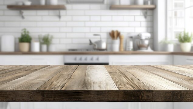 Comptoir en bois de couleur marron clair sur un fond int&eacute;rieur d'une cuisine moderne, arri&egrave;re-plan flou, concept pour la pr&eacute;sentation de nourriture ou de produits.