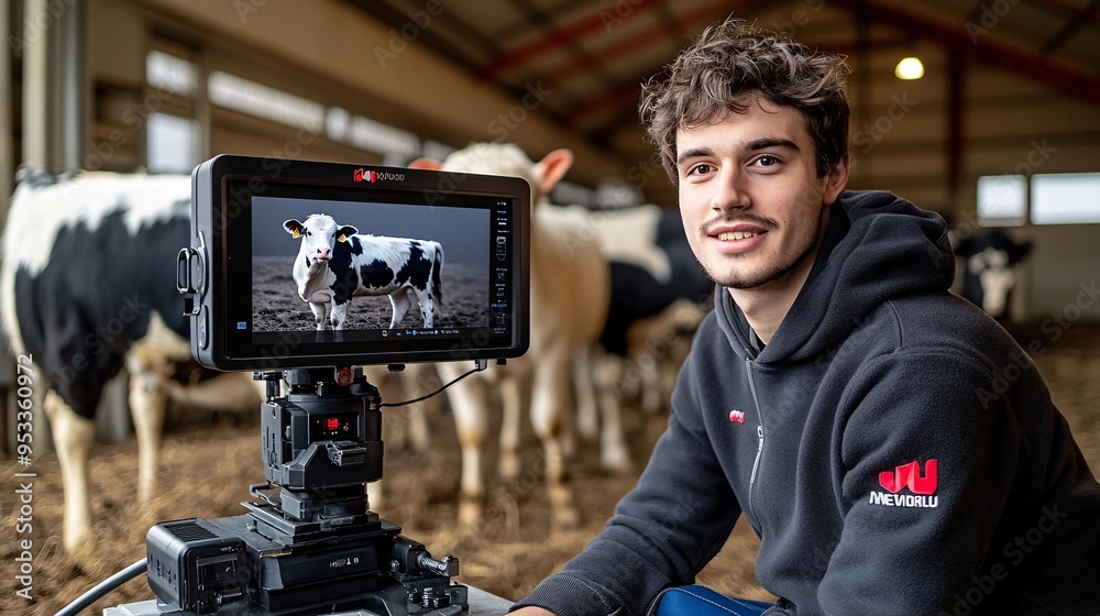 Aufkleber Farmer using AI-based imaging systems to detect early signs of illness in livestock ensuring timely intervention and treatment Stock Photo with copy space