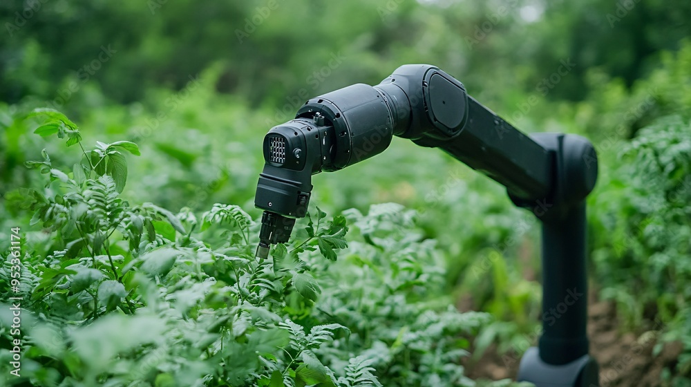 Poster AI-powered robotic arm being used by a farmer to assist with daily tasks such as feeding and grooming livestock Stock Photo with copy space