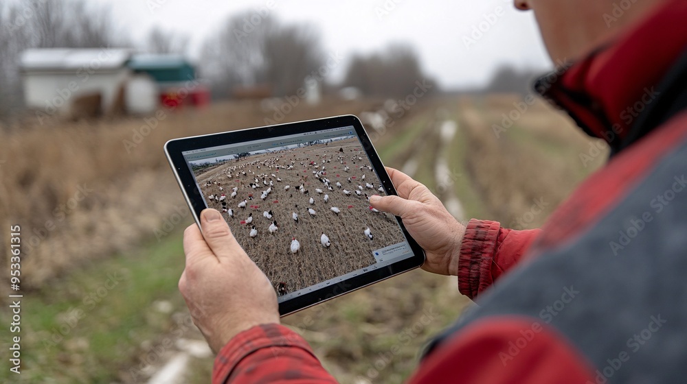 Aufkleber AI-enhanced monitoring system tracking the movement and health of free-range chickens while the farmer reviews the data on a tablet Stock Photo with copy space