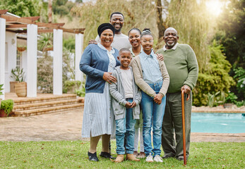 Smile, generations and portrait of black family in backyard of new home for bonding, connection and...