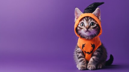 Obraz premium Halloween cat costume. Banner with copy space for text. Cute kitten wearing funny homemade full body bat costume in front of purple background